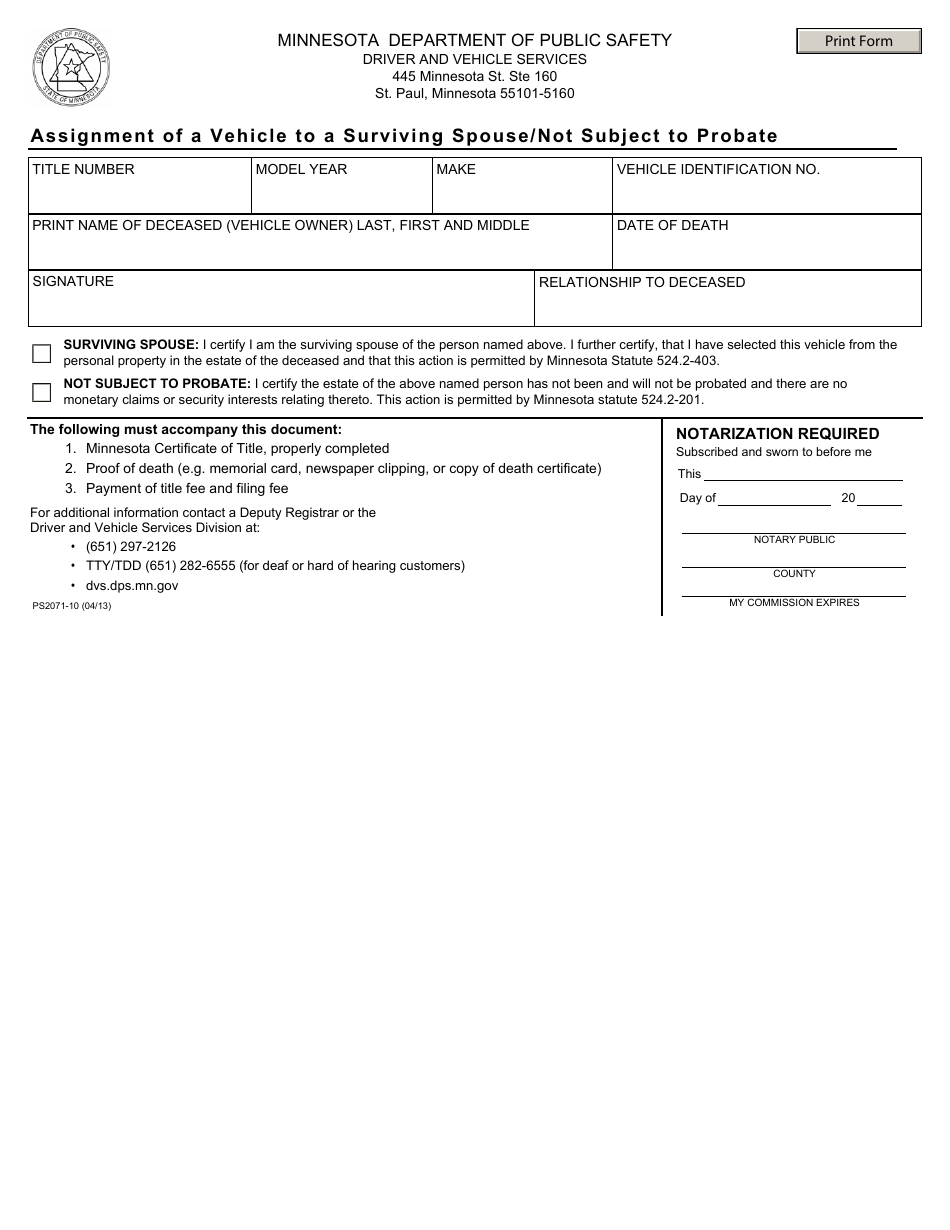 Form PS2071-10 Assignment of a Vehicle to a Surviving Spouse / Not Subject to Probate - Minnesota, Page 1