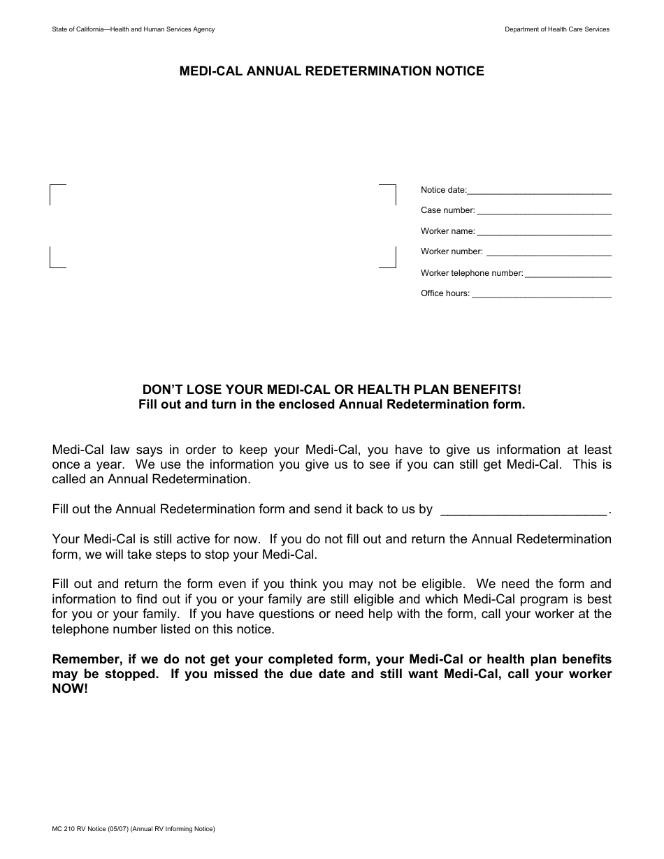 Form MC210 RV NOTICE Medi-Cal Annual Redetermination Notice - California, Page 1