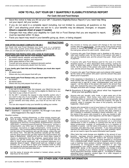 Instructions for Form QR7A, QR-7 Quarterly Eligibility/Status Report - California
