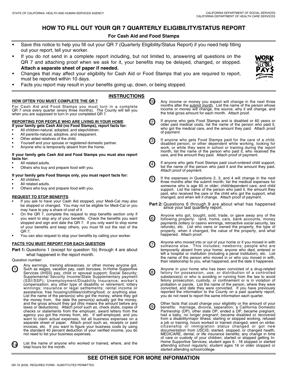 Instructions for Form QR7A, QR-7 Quarterly Eligibility / Status Report - California, Page 1