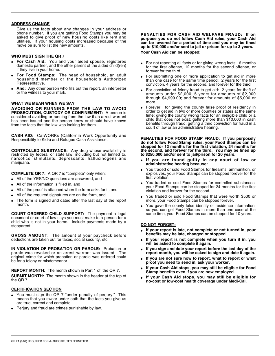 Instructions for Form QR7A, QR-7 Quarterly Eligibility / Status Report - California, Page 2