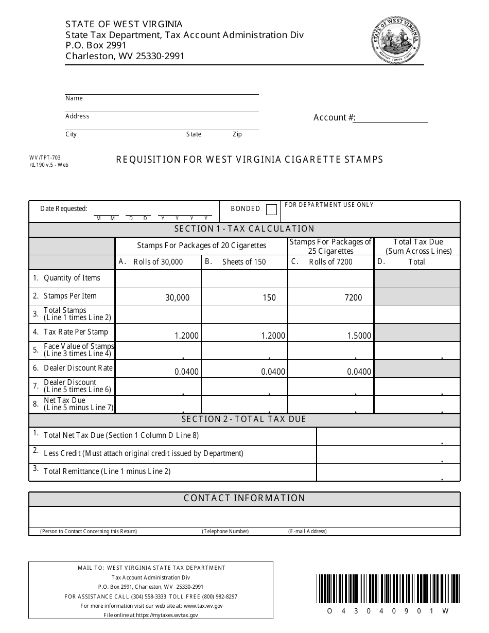 Form WV / TPT-703 Requisition for West Virginia Cigarette Stamps - West Virginia, Page 1