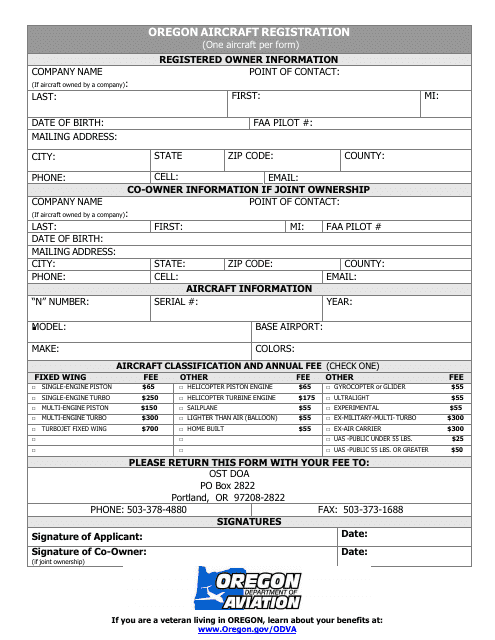 Aircraft / Drone Registration Form - Oregon Download Pdf