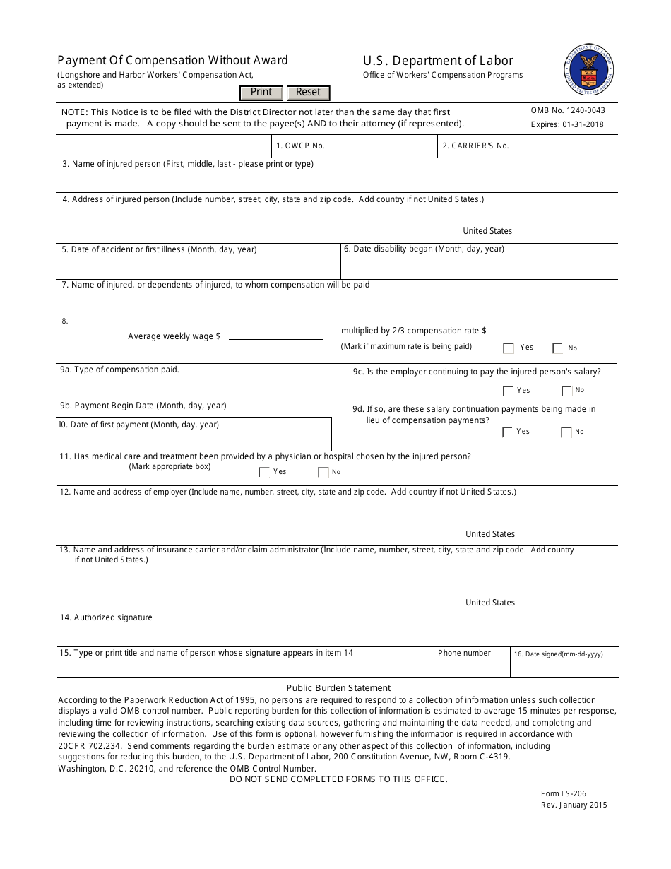 Form LS-206 Payment of Compensation Without Award, Page 1