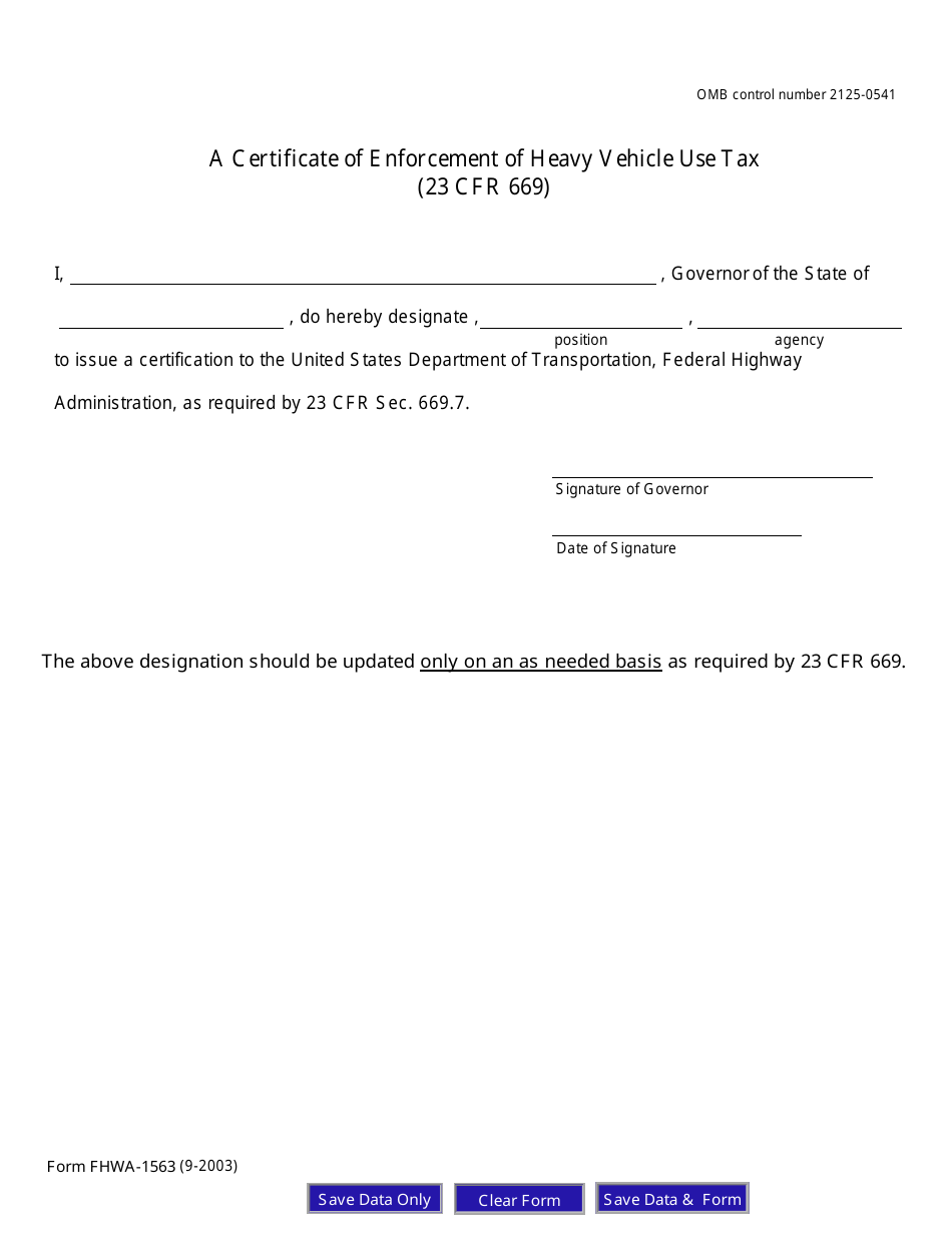 Form FHWA-1563 A Certificate of Enforcement of Heavy Vehicle Use Tax, Page 1