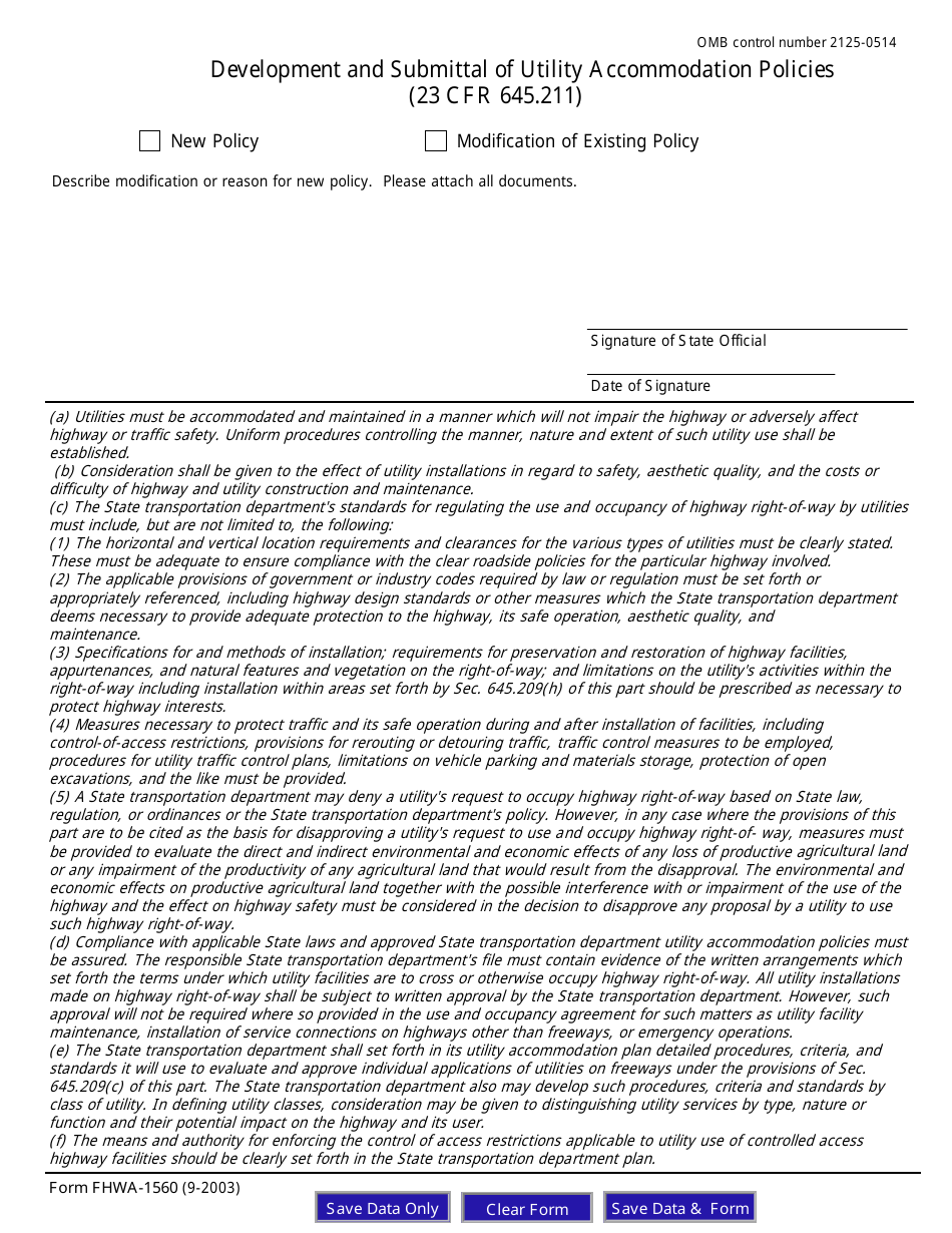 Form FHWA-1560 Development and Submittal of Utility Accommodation Policies, Page 1