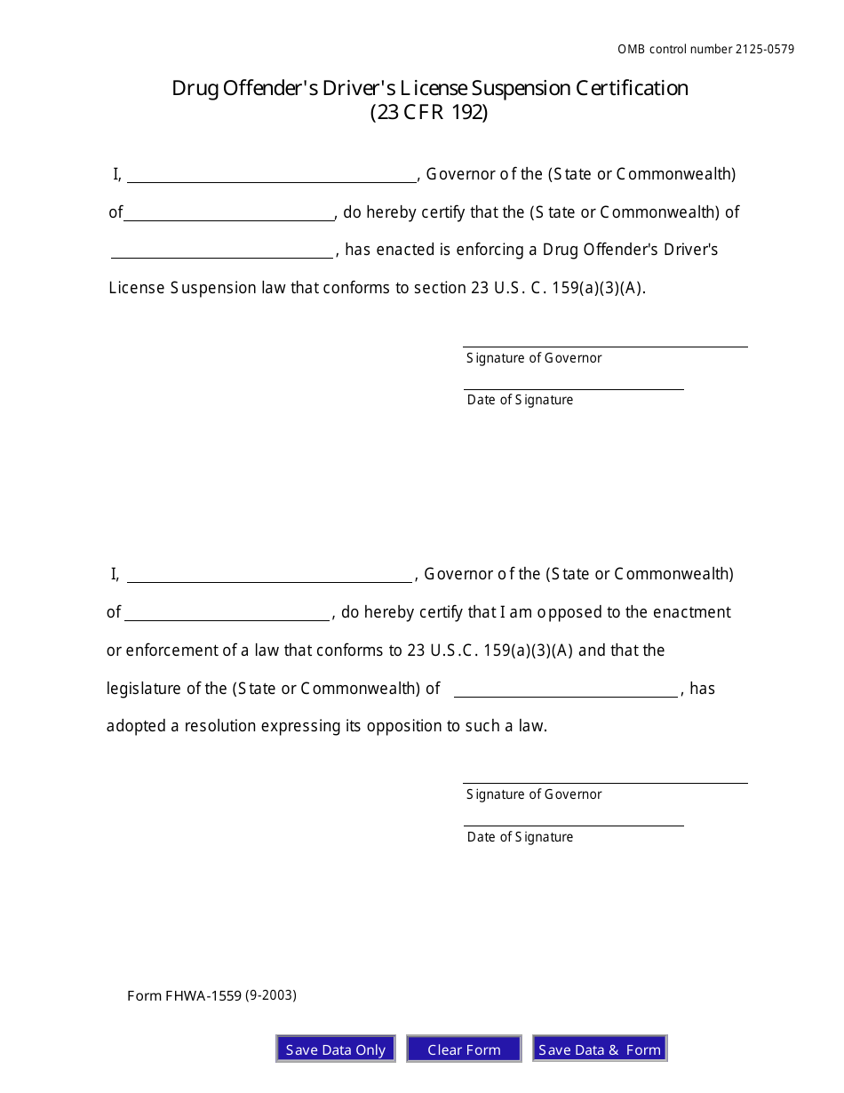 Form FHWA-1559 Drug Offenders Drivers License Suspension Certification, Page 1