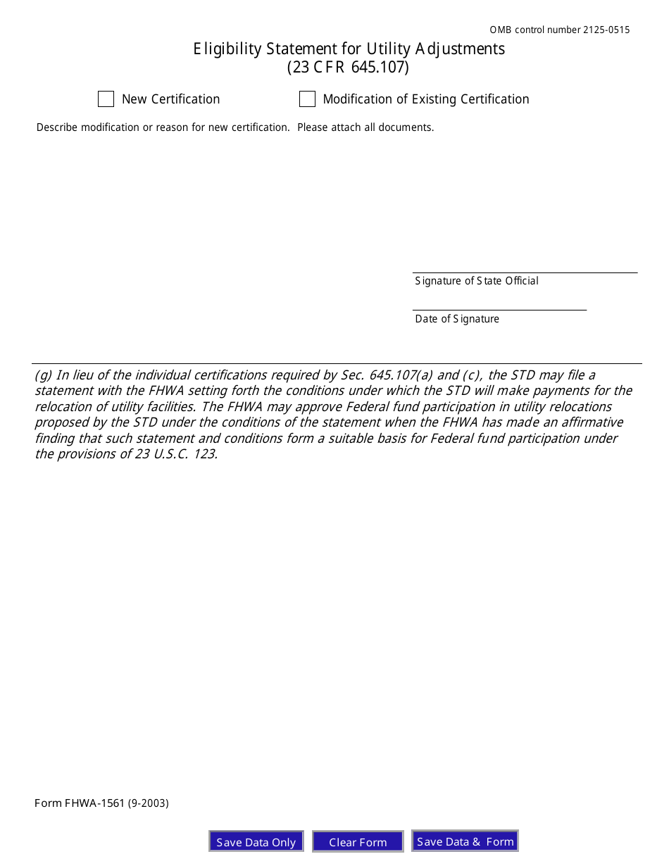 Form FHWA-1561 Eligibility Statement for Utility Adjustments, Page 1