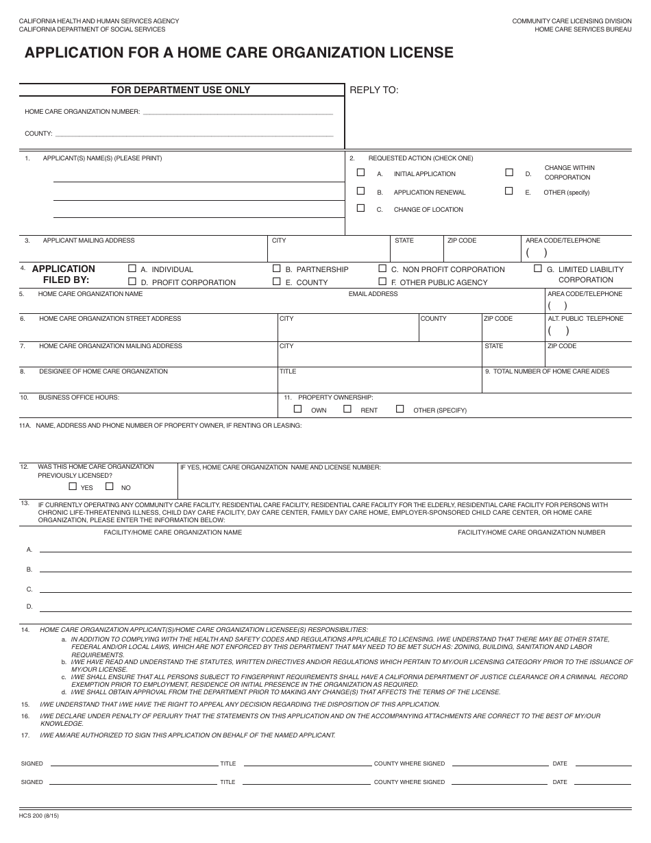 Form HCS200 Application for a Home Care Organization License - California, Page 1