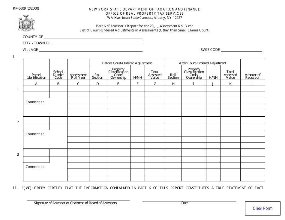 Form RP-6609 List of Court-Ordered Adjustments in Assessments (Other Than Small Claims Court) - New York, Page 1
