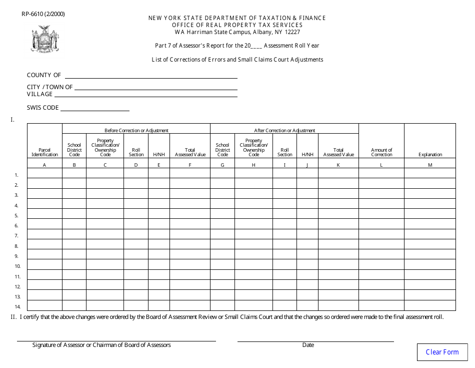 Form RP-6610 List of Corrections of Errors and Small Claims Court Adjustments - New York, Page 1