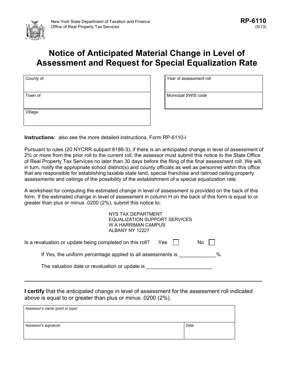 Form RP-6110 Notice of Anticipated Material Change in Level of Assessment and Request for Special Equalization Rate - New York, Page 1