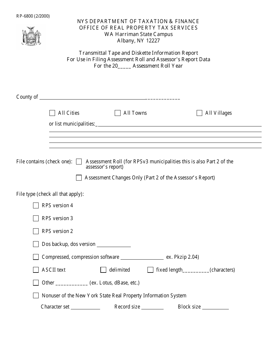 Form RP-6800 Transmittal Tape and Diskette Information Report for Use in Filing Assessment Roll and Assessor's Report Data - New York, Page 1