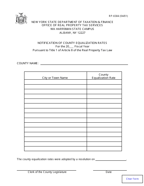 Form RP-6584 Notification of County Equalization Rates - New York