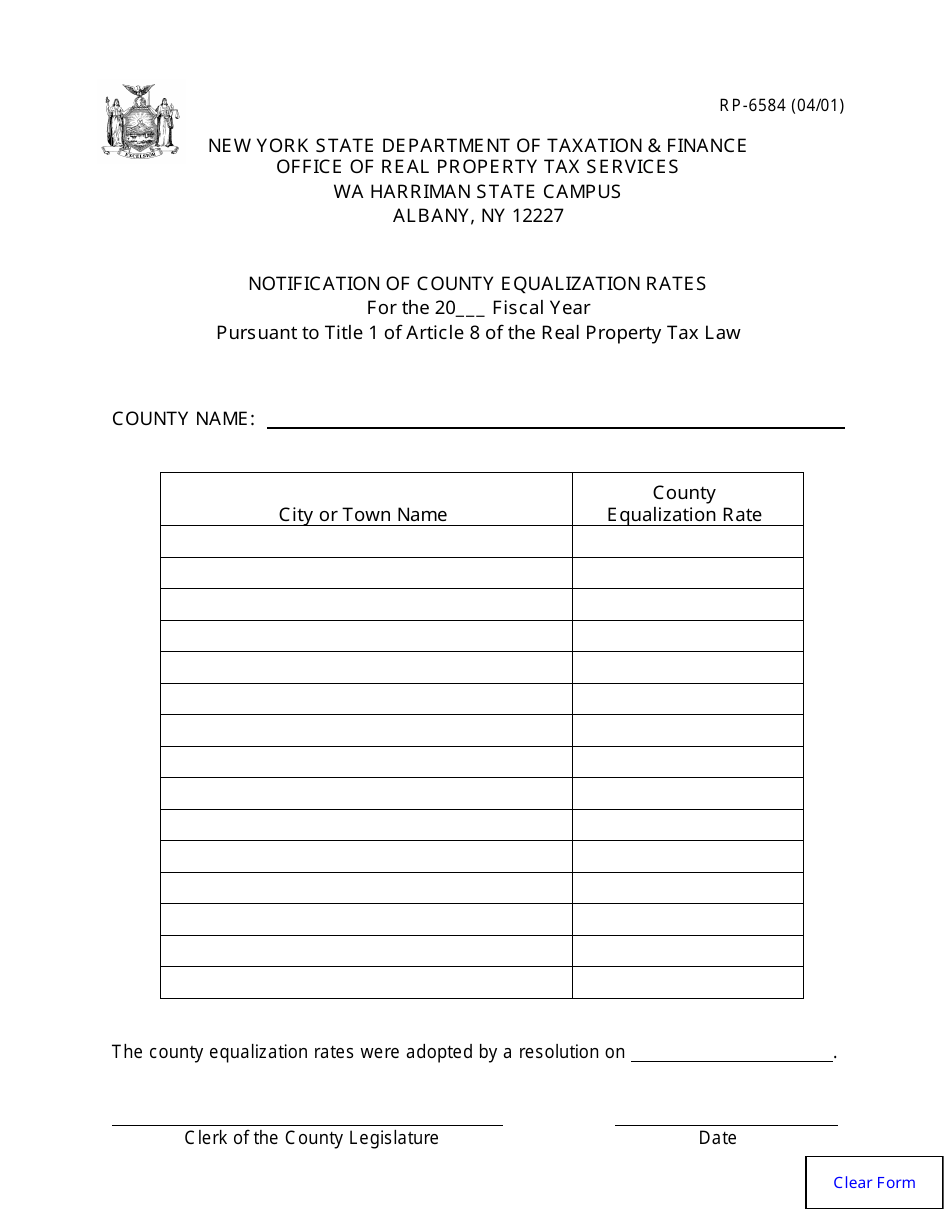 Form RP-6584 Notification of County Equalization Rates - New York, Page 1