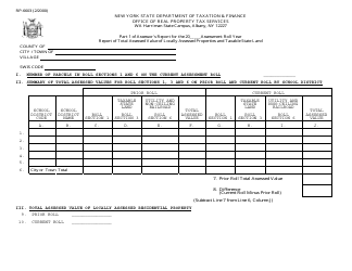 Form RP-6603 &quot;Part 1 of Assessor's Report - Report of Total Assessed Value of Locally Assessed Properties and Taxable State Land&quot; - New York