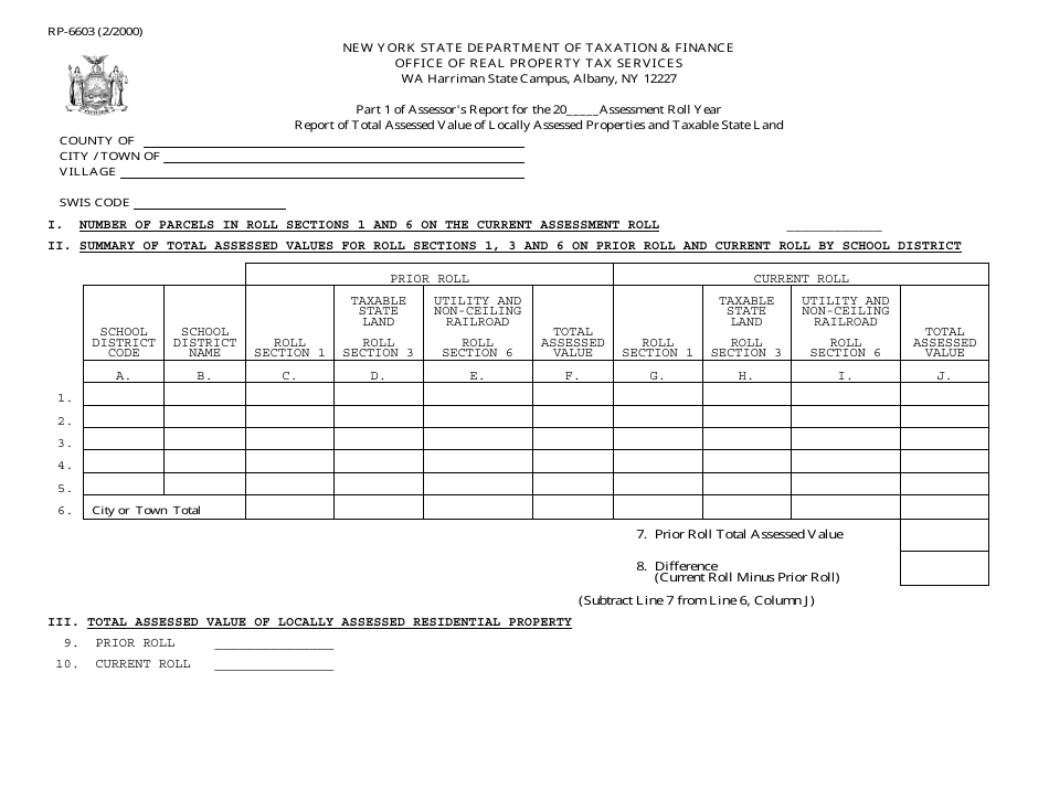 Form RP-6603 Part 1 of Assessors Report - Report of Total Assessed Value of Locally Assessed Properties and Taxable State Land - New York, Page 1