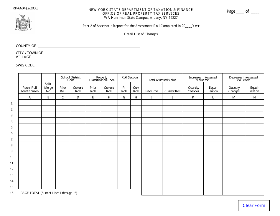 Form RP-6604 Part 2 of Assessors Report for the Assessment Roll - Detail List of Changes - New York, Page 1