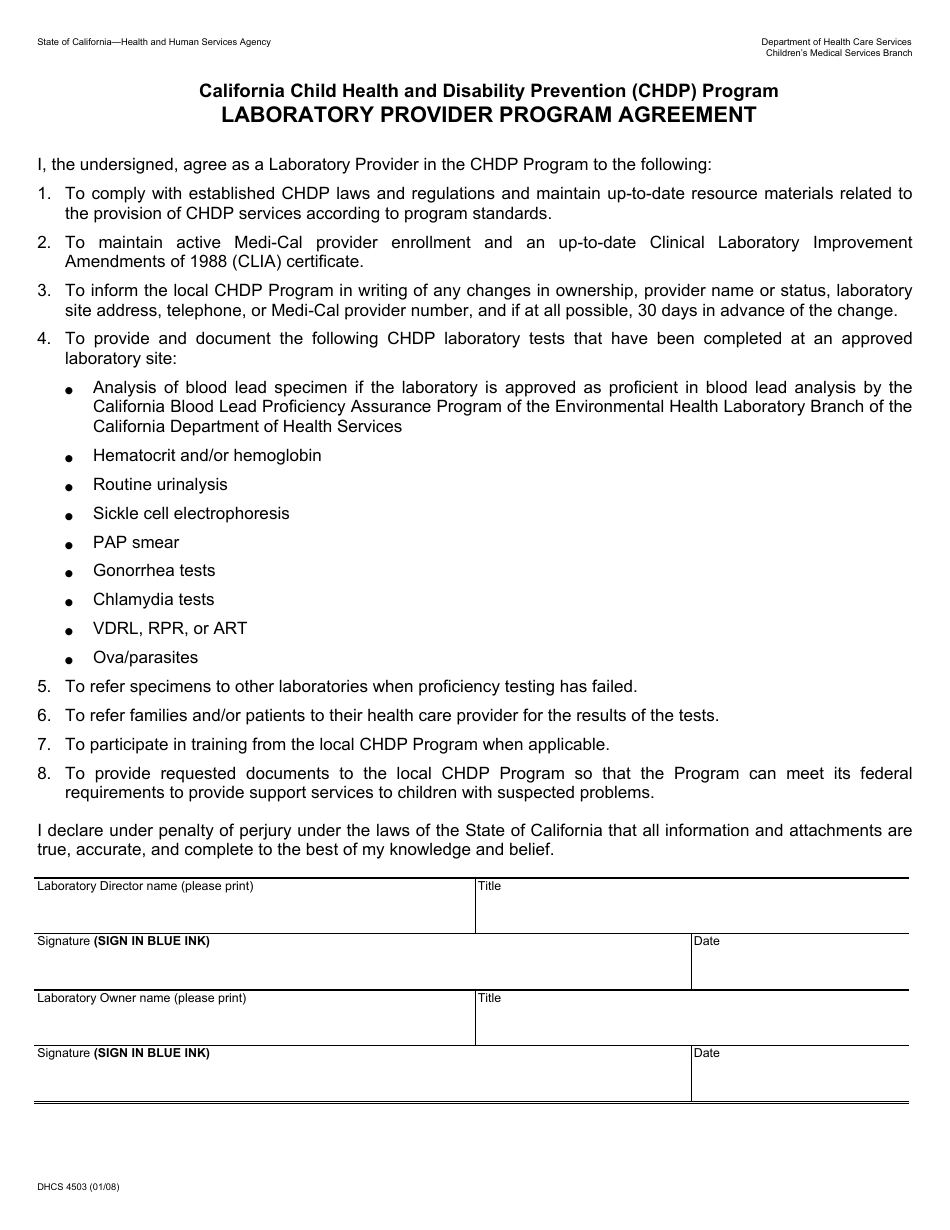 Form DHCS4503 Laboratory Provider Program Agreement - California, Page 1