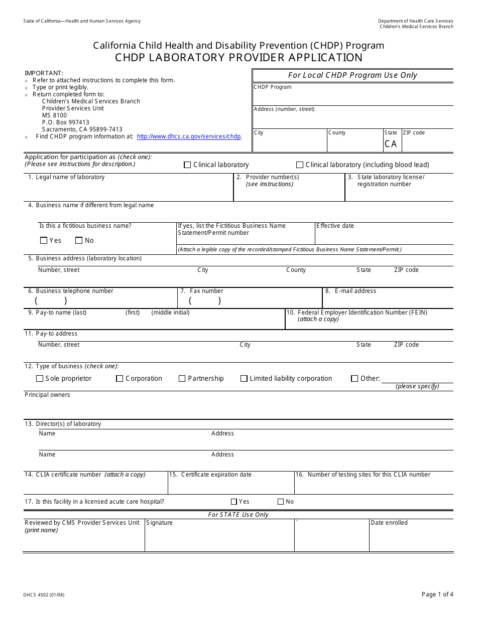 Form DHCS4502 Chdp Laboratory Provider Application - California, Page 1