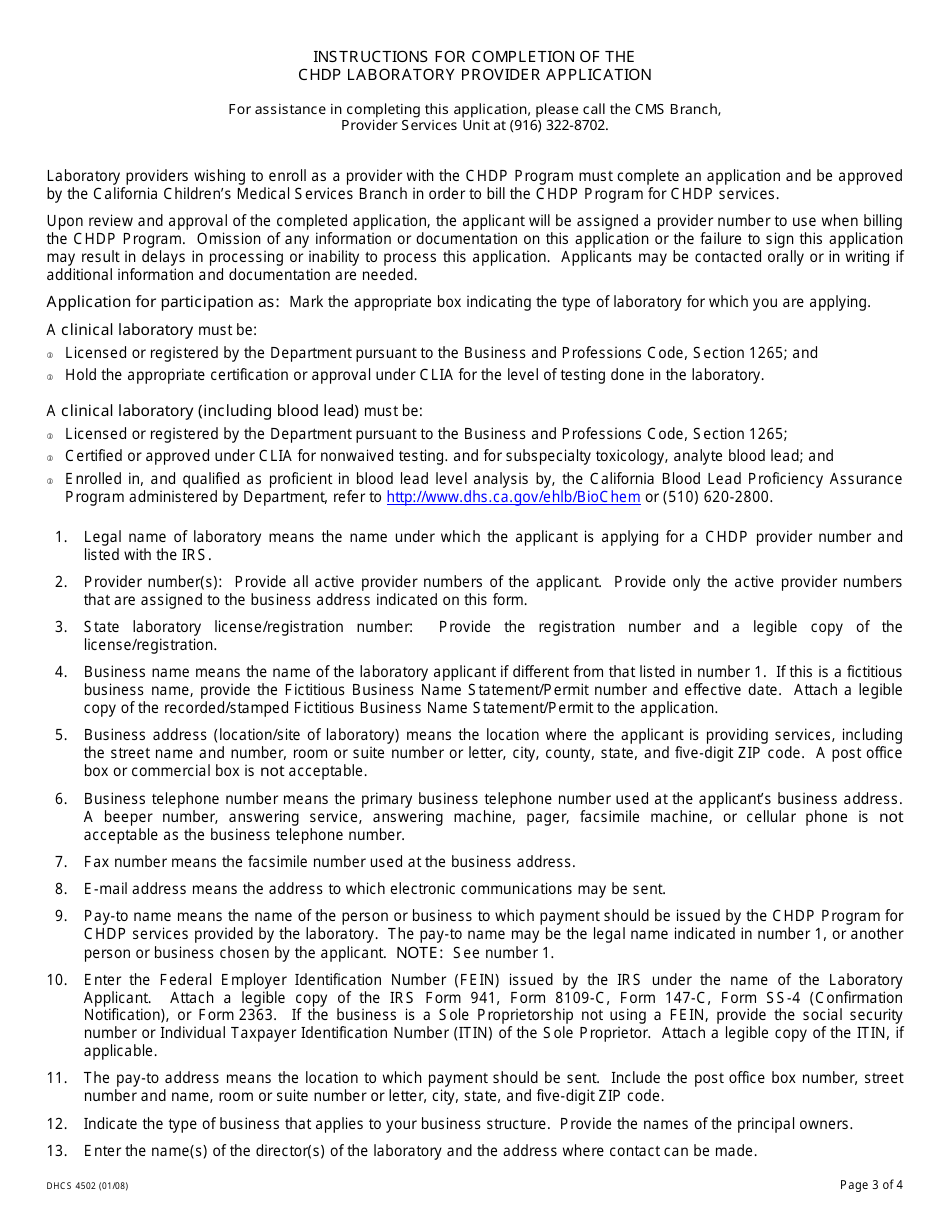 Form DHCS4502 Chdp Laboratory Provider Application - California, Page 3