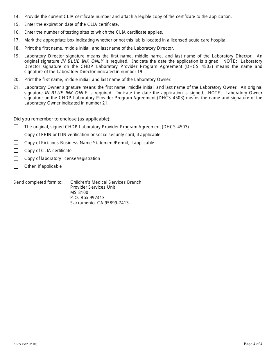 Form DHCS4502 Chdp Laboratory Provider Application - California, Page 4