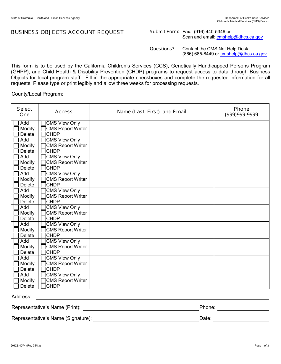 Form DHCS4074 Business Objects Account Request - California, Page 1