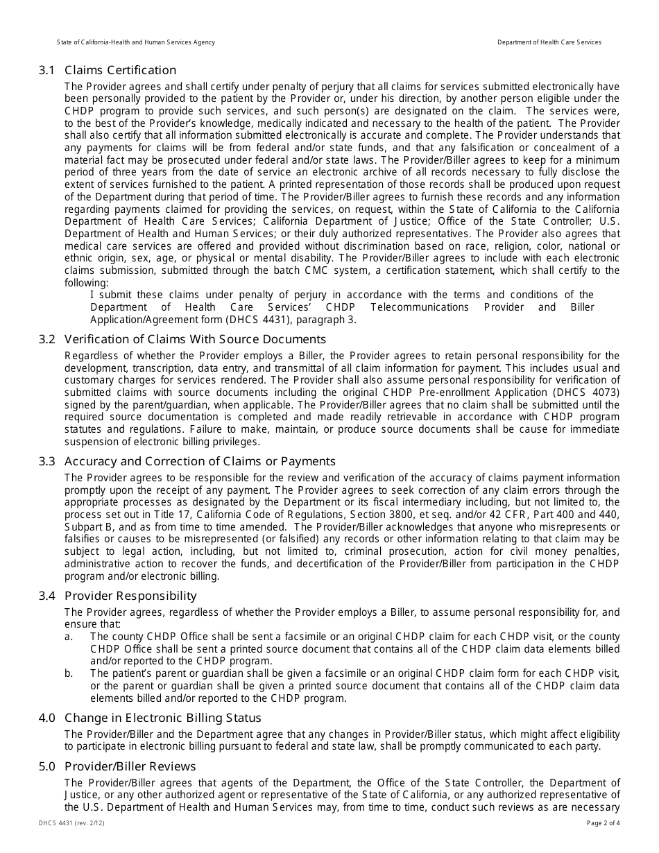 Form DHCS4431 Chdp Telecommunications Provider and Biller Application / Agreement - California, Page 2