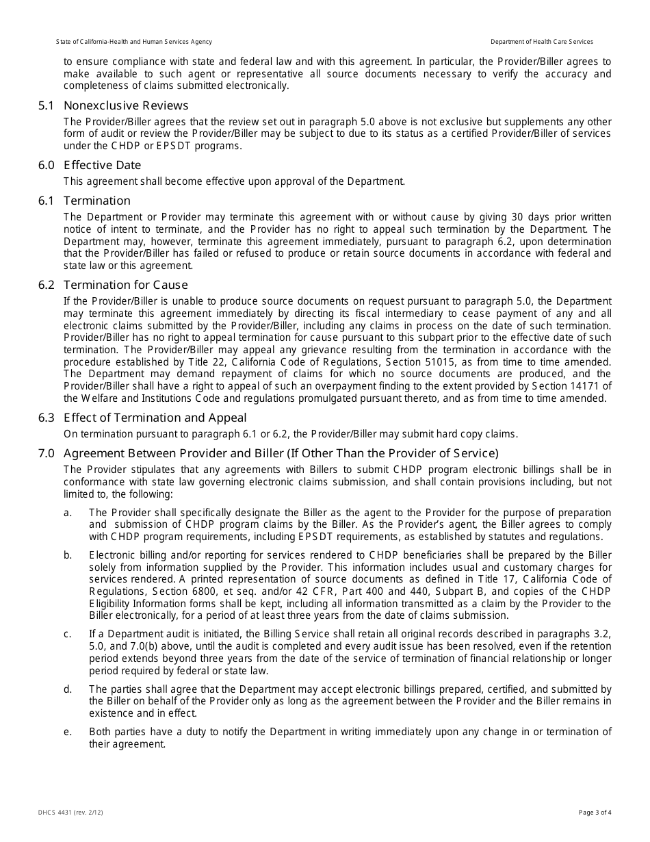 Form DHCS4431 Chdp Telecommunications Provider and Biller Application / Agreement - California, Page 3