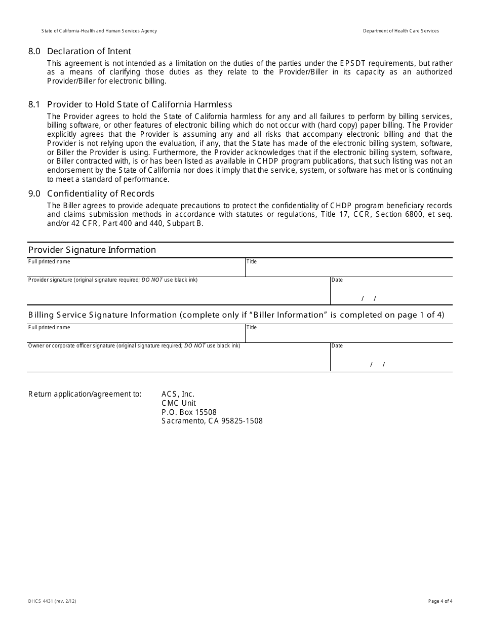 Form DHCS4431 Chdp Telecommunications Provider and Biller Application / Agreement - California, Page 4