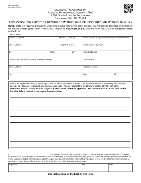 OTC Form 13-9-C Application for Credit or Refund of Withholding or Pass-Through Withholding Tax - Oklahoma