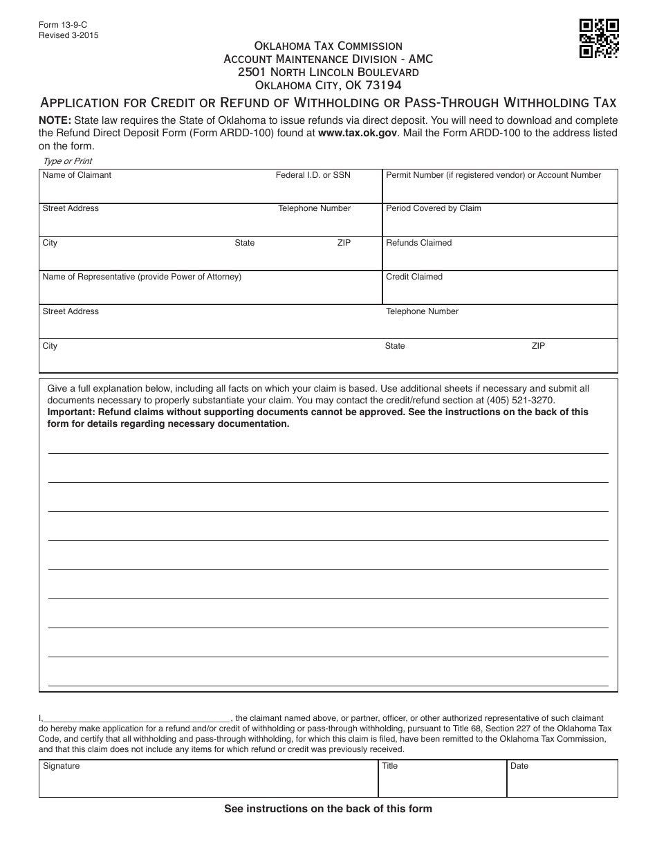 OTC Form 13-9-C Application for Credit or Refund of Withholding or Pass-Through Withholding Tax - Oklahoma, Page 1