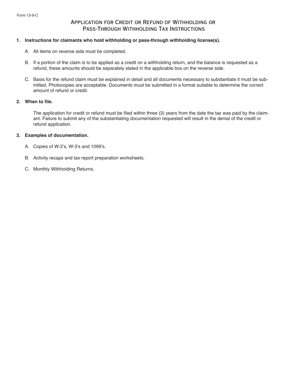 OTC Form 13-9-C Application for Credit or Refund of Withholding or Pass-Through Withholding Tax - Oklahoma, Page 2