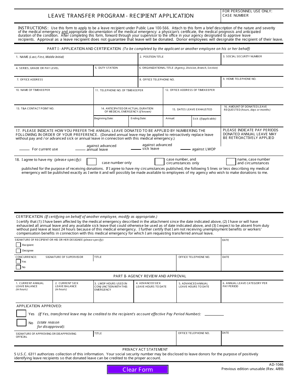 Form AD-1046 Recipient Application - Leave Transfer Program, Page 1