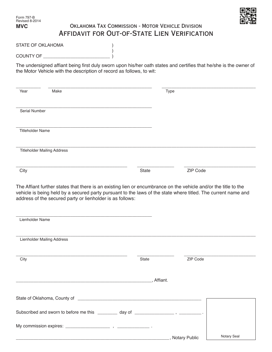 OTC Form 797-B Affidavit for Out-of-State Lien Verification - Oklahoma, Page 1