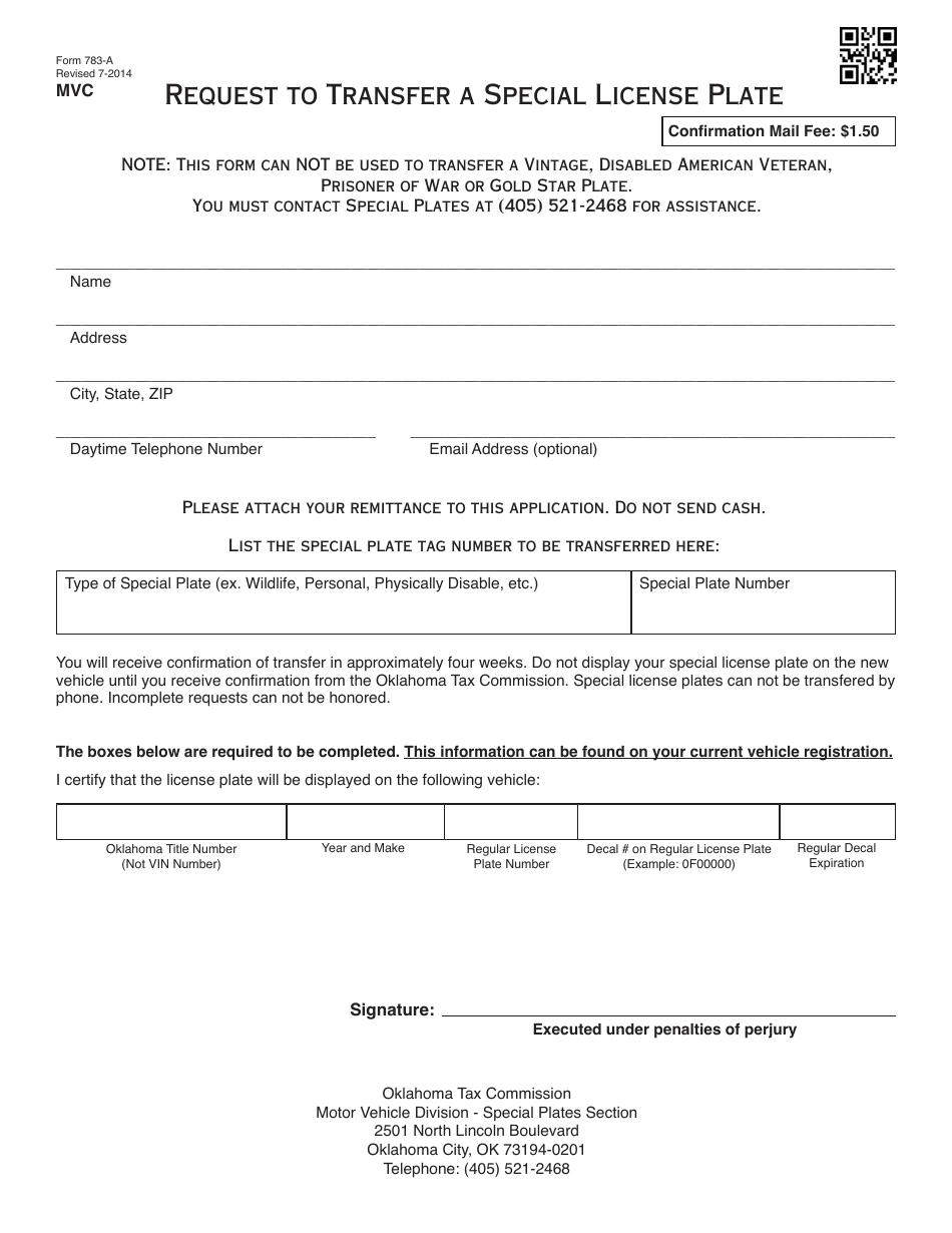OTC Form 783-A Request to Transfer a Special License Plate - Oklahoma, Page 1