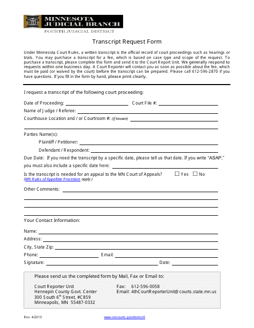 Transcript Request Form - Hennepin County, Minnesota