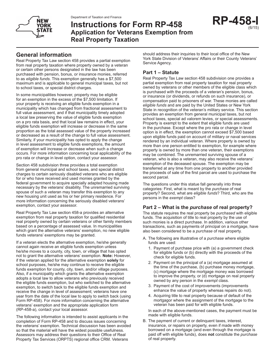 Download Instructions for Form RP458 Application for Veterans Exemption From Real Property