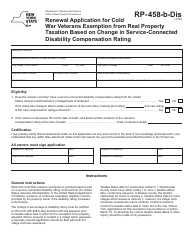 Document preview: Form RP-458-B-DIS Renewal Application for Cold War Veterans Exemption From Real Property Taxation Based on Change in Service-Connected Disability Compensation Rating - New York