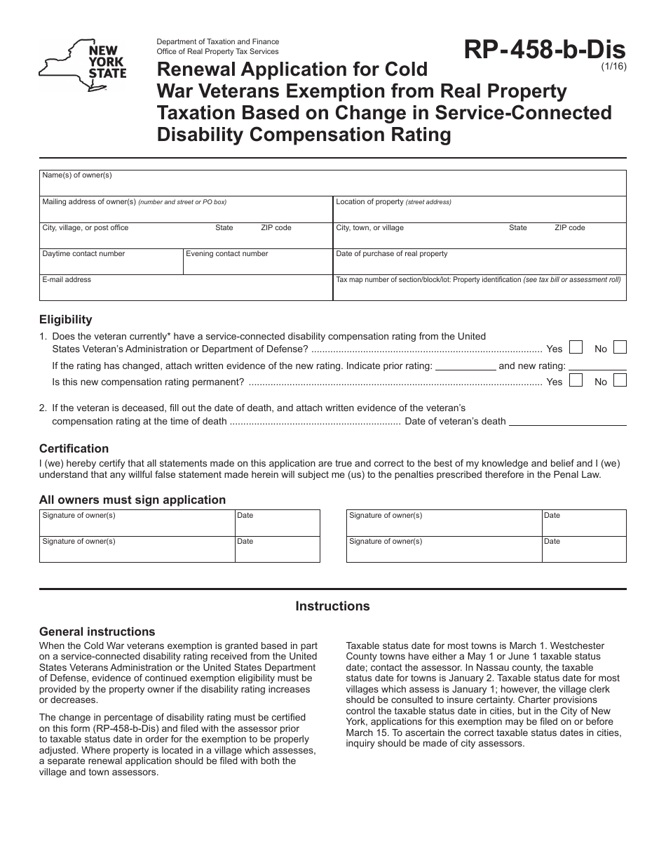 Form RP-458-B-DIS Renewal Application for Cold War Veterans Exemption From Real Property Taxation Based on Change in Service-Connected Disability Compensation Rating - New York, Page 1