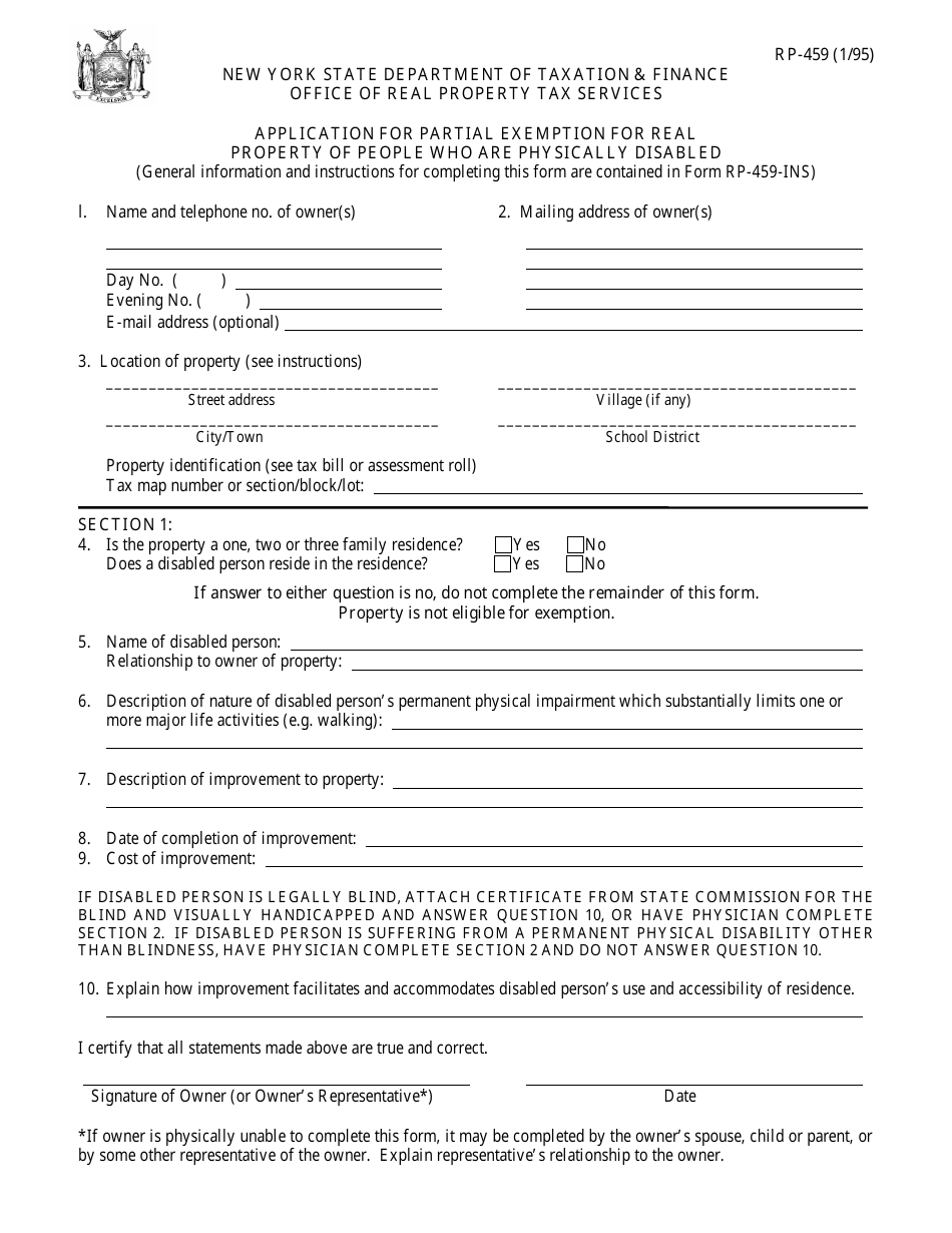 Form RP-459 Application for Partial Exemption for Real Property of People Who Are Physically Disabled - New York, Page 1