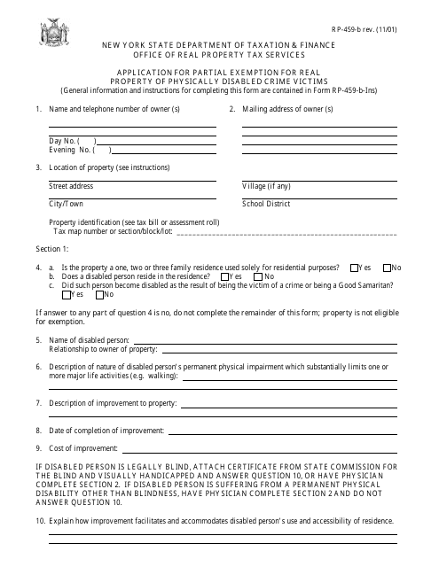 Form RP-459-B Application for Partial Exemption for Real Property of Physically Disabled Crime Victims - New York