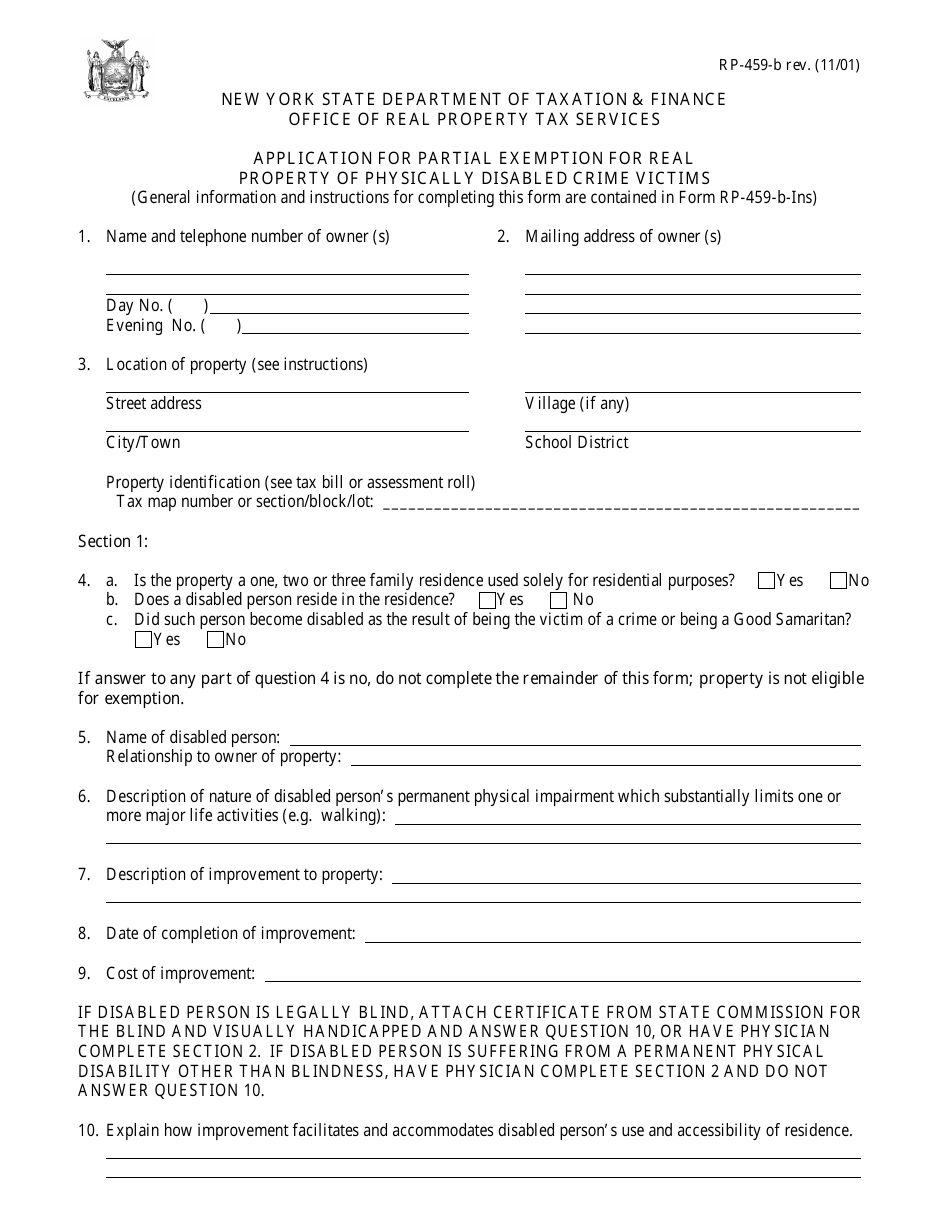 Form RP-459-B Application for Partial Exemption for Real Property of Physically Disabled Crime Victims - New York, Page 1