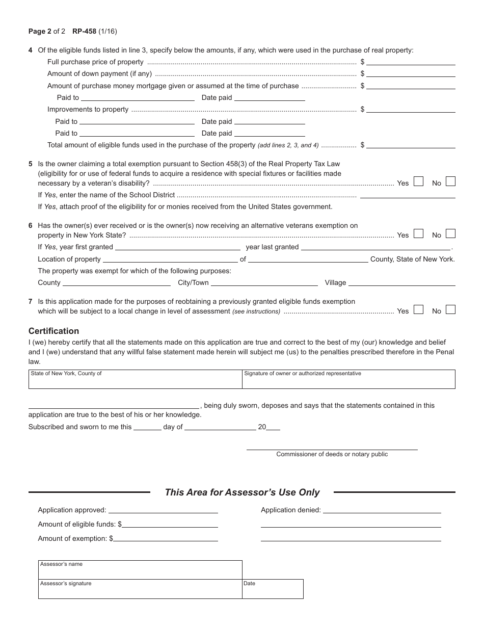 Form RP-458 Application for Veterans Exemption From Real Property Taxation - New York, Page 2