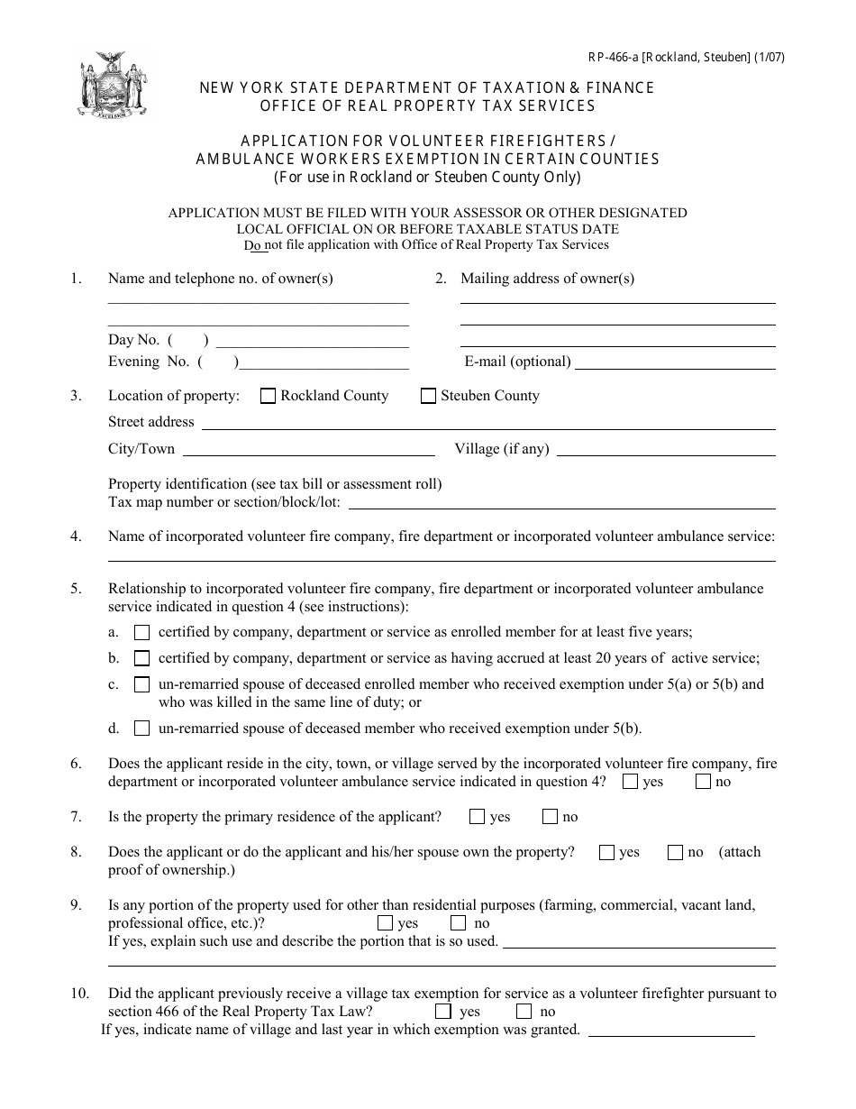 Form RP-466-A [ROCKLAND, STEUBEN] Application for Volunteer Firefighters / Ambulance Workers Exemption in Certain Counties (For Use in Rockland or Steuben County Only) - New York, Page 1
