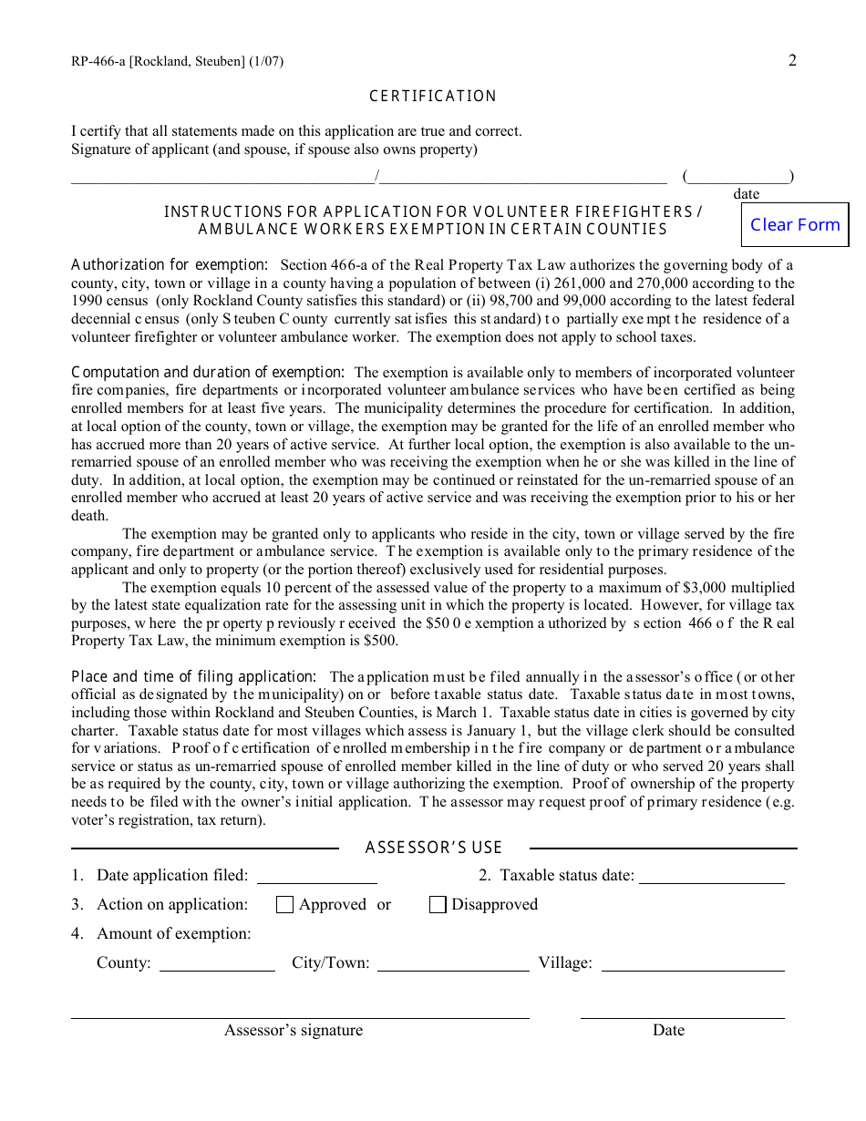 Form RP-466-A [ROCKLAND, STEUBEN] Application for Volunteer Firefighters / Ambulance Workers Exemption in Certain Counties (For Use in Rockland or Steuben County Only) - New York, Page 2