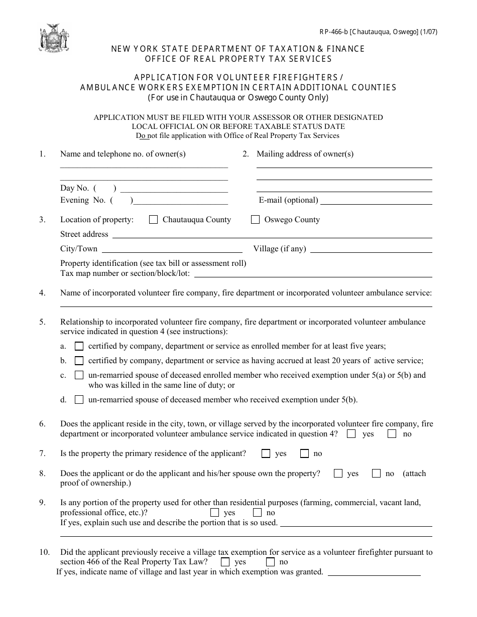 Form RP-466-B [CHAUTAUQUA, OSWEGO] Application for Volunteer Firefighters / Ambulance Workers Exemption in Certain Additional Counties (For Use in Chautauqua or Oswego County Only) - New York, Page 1