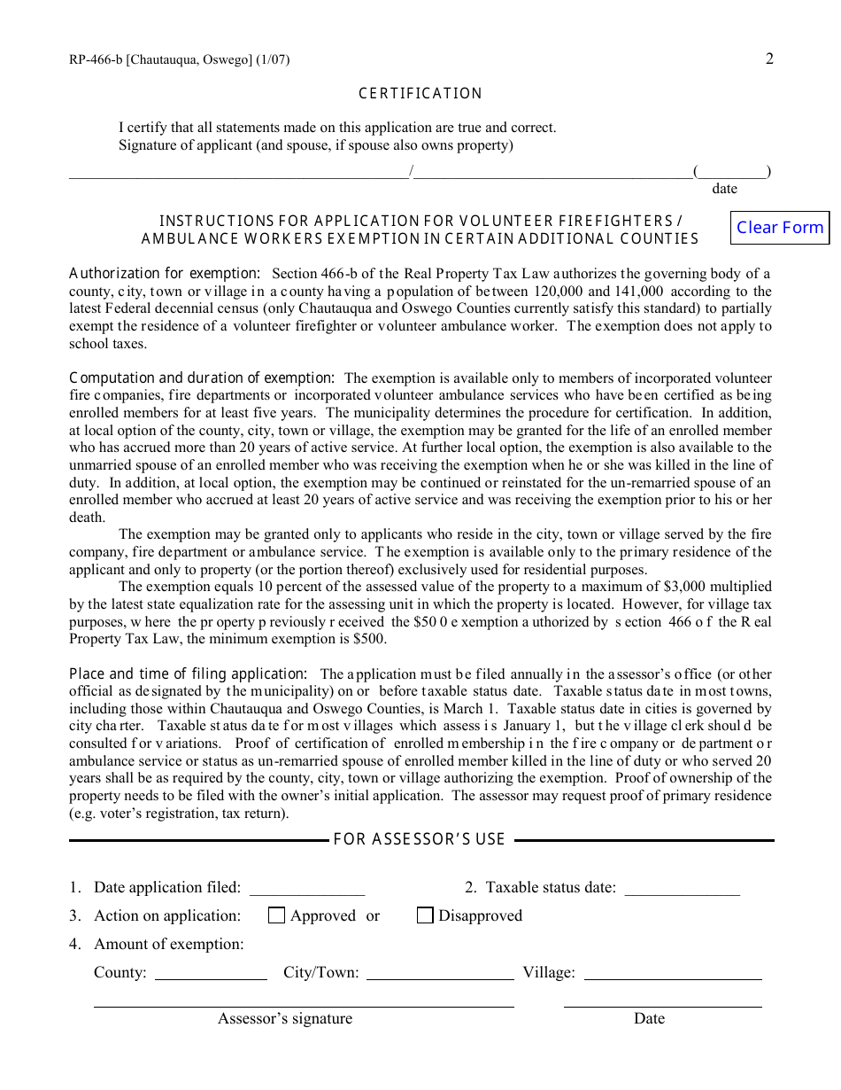 Form RP-466-B [CHAUTAUQUA, OSWEGO] Application for Volunteer Firefighters / Ambulance Workers Exemption in Certain Additional Counties (For Use in Chautauqua or Oswego County Only) - New York, Page 2