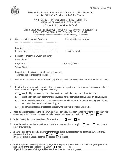 Form RP-466-C [WYOMING] Application for Volunteer Firefighters / Ambulance Workers Exemption (For Use in Wyoming County Only) - New York