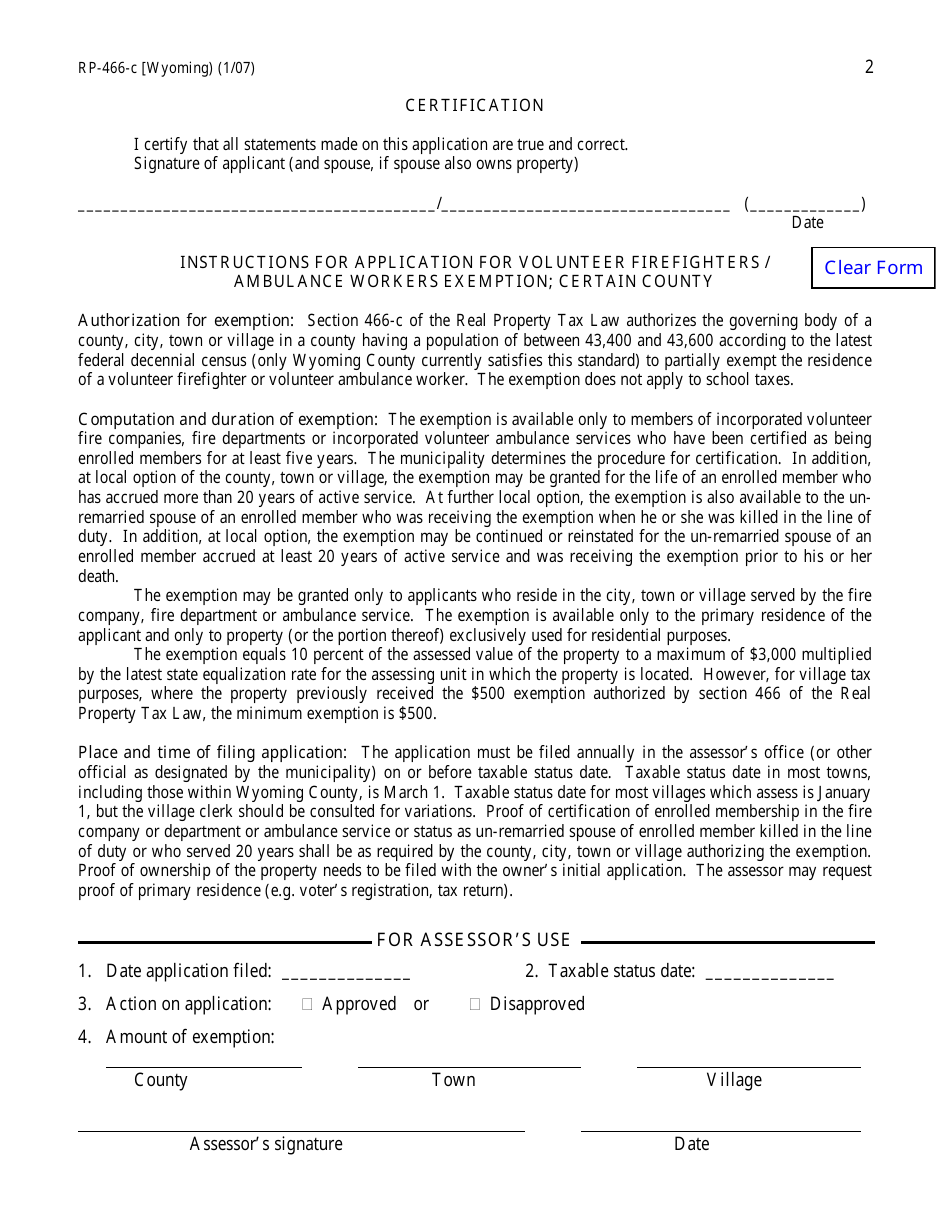 Form RP-466-C [WYOMING] Application for Volunteer Firefighters / Ambulance Workers Exemption (For Use in Wyoming County Only) - New York, Page 2